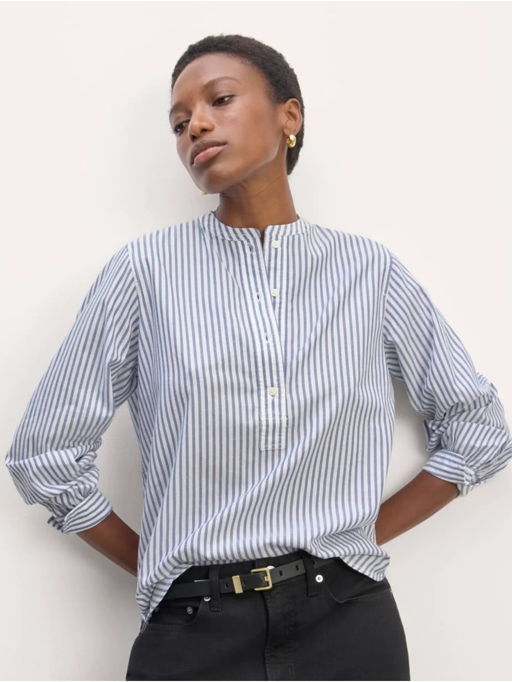 Everlane The Henley Shirt in Silky Cotton Blue White Stripes Women’s Size 2